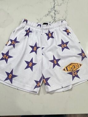 HMDD Men's Mesh Kobe  Basketball Shorts White Purple Yellow Stars Numbers Medium